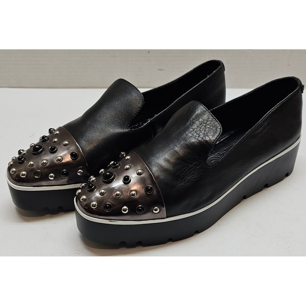 Karl Lagerfeld Paris Brinlee Black Leather Studded Platform Loafers Womens 10M